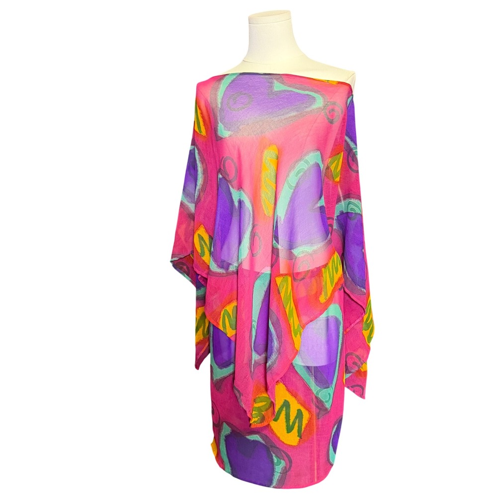 Vintage 80s Abstract Print Sheer Poncho Top & Matching Skirt Set Retro Indie⁠